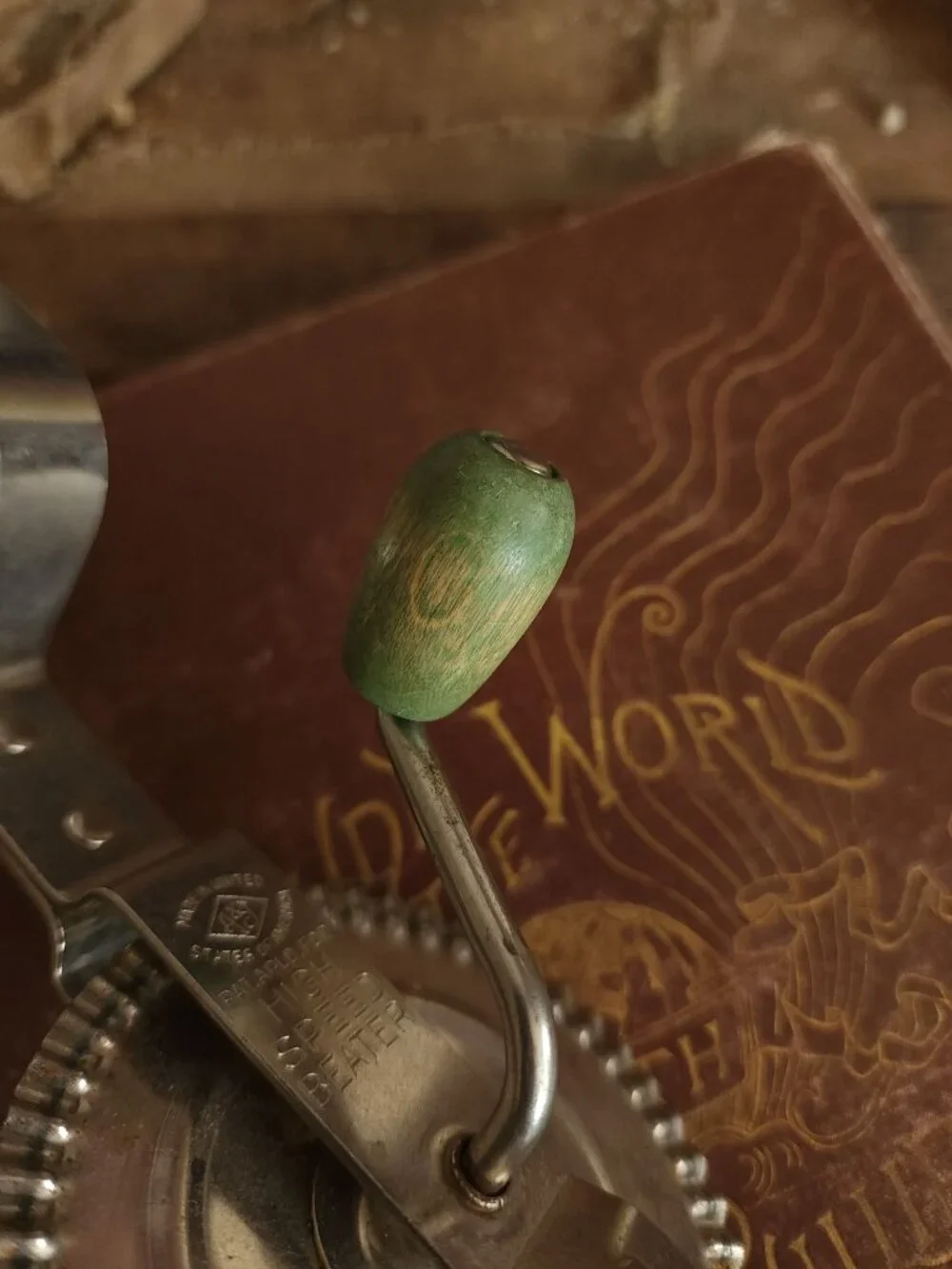 Vintage 190s Hand Mixer, A&J Manual High Speed Egg Beater with Green Wood Handle